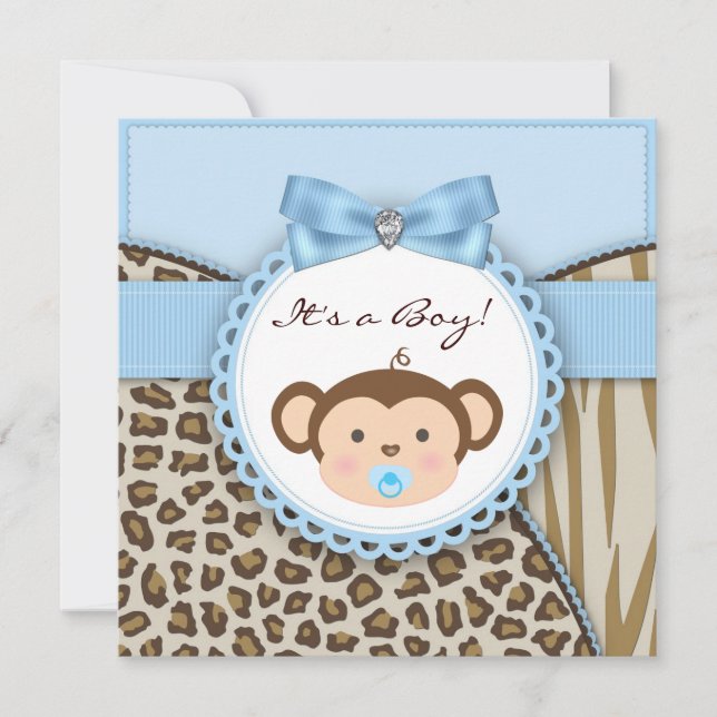 Invitación Ducha de bebé niño mono marrón azul (Anverso)