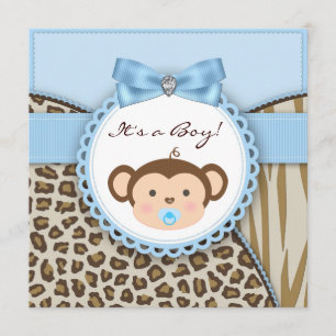 Invitación Ducha de bebé niño mono marrón azul