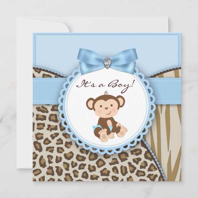 Invitación Ducha de Bebé Niño Mono Marrón y Azul (Anverso)