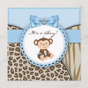 Invitación Ducha de Bebé Niño Mono Marrón y Azul