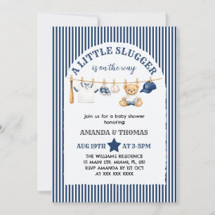 Invitación Ducha de bebé niño osito pequeño bateador de béisb