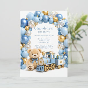 Invitación Ducha de bebé niño Oso de peluche Azul Dorado Tren
