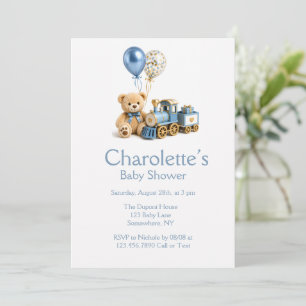 Invitación Ducha de bebé niño Oso de peluche Azul Dorado Tren
