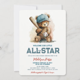 Invitación Ducha de Bebé Niño Oso de Peluche Béisbol Estrella