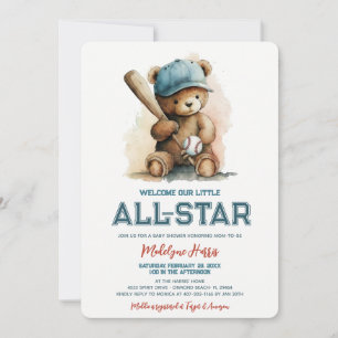 Invitación Ducha de Bebé Niño Oso de Peluche Béisbol Estrella