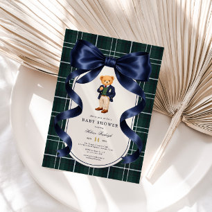 Invitación Ducha de Bebé Niño Oso de Peluche Polo Azul Marino