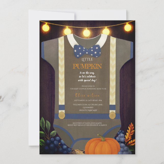 Invitación Ducha de bebé niño otoño borroso arpillera bodysui (Anverso)