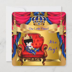 Invitación Ducha de bebé niño príncipe azul real rojo dorado 
