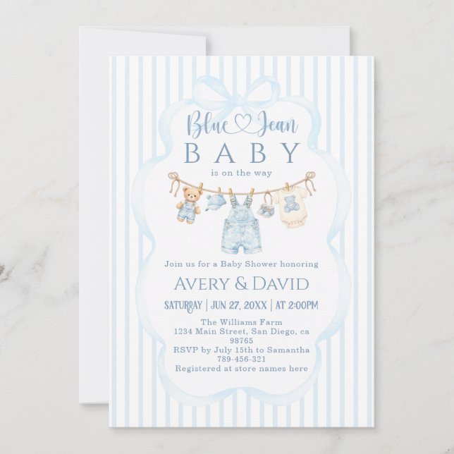 Invitación Ducha de bebé niño raya moderna Jean Azul (Anverso)