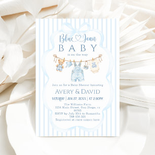 Invitación Ducha de bebé niño raya moderna Jean Azul