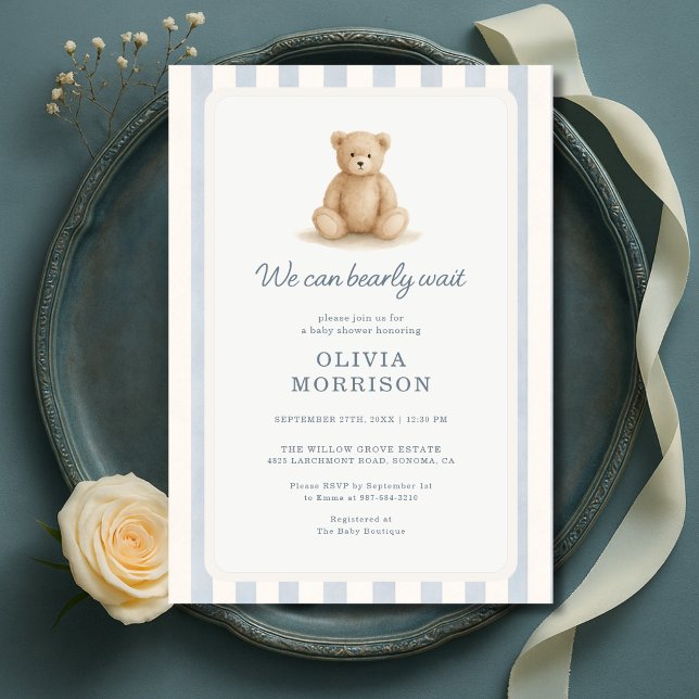 Invitación Ducha de bebé niño rayas azules Teddy Bear Boy (Subido por el creador)