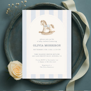 Invitación Ducha de bebé niño rayas caballo mecedor azul