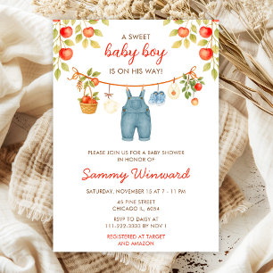 Invitación Ducha de bebé niño ropa otoñal manzana caída