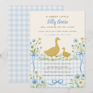 Invitación Ducha de Bebé Niño Silly Goose Floral con Lazo Azu
