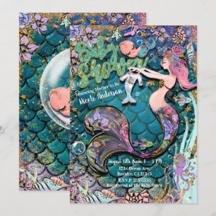 Invitación Ducha de Bebé Niño Sirena Dorada Glam Brillante