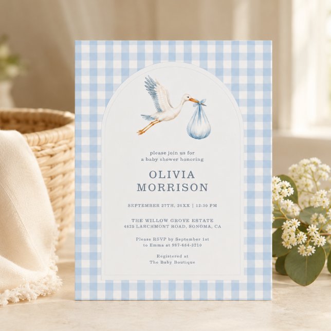 Invitación Ducha de bebé niño Stork Gingham Azul (Subido por el creador)