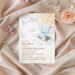 Invitación Ducha de bebé niño swing de elefante acuarela azul