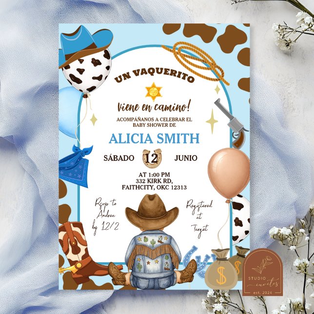Invitación Ducha de Bebé Niño Vaquero Azul Español (Subido por el creador)