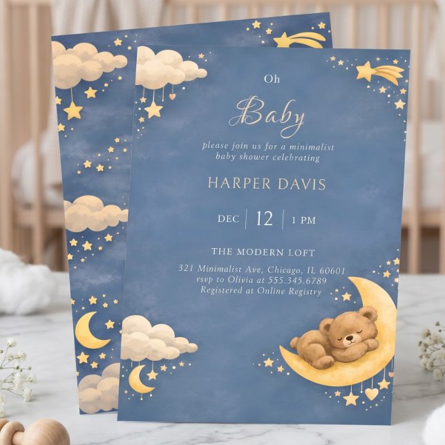 Invitación Ducha de Bebé Nocturna del Oso Durmiente Caprichos (Whimsical Sleeping Bear Night Sky Baby Shower Invitation)