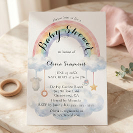 Invitación Ducha de Bebé Nubes Arcoíris Aquarela Pastel