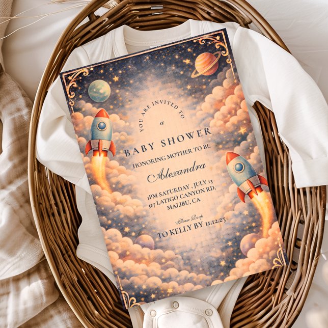 Invitación Ducha de Bebé Nubes de Cohete Espacial (Subido por el creador)