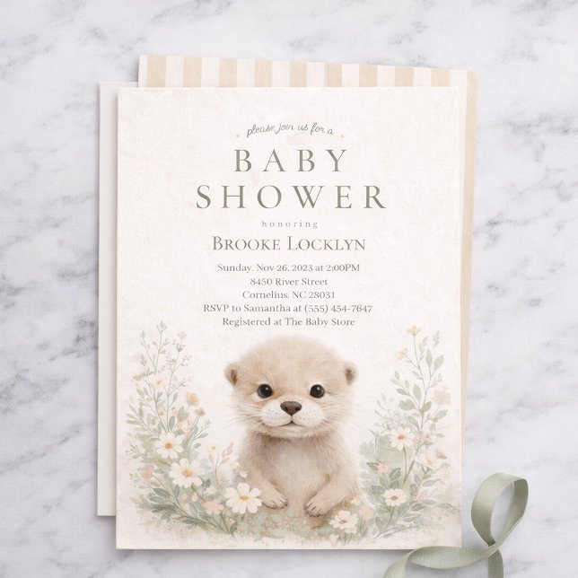 Invitación Ducha de bebé nutria en acuarela neutra | Bosque (Subido por el creador)