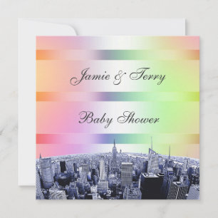 Invitación Ducha de bebé NYC Etched Skyline Pastel Rainbow 1