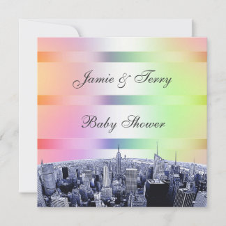 Invitación Ducha de bebé NYC Etched Skyline Pastel Rainbow 1
