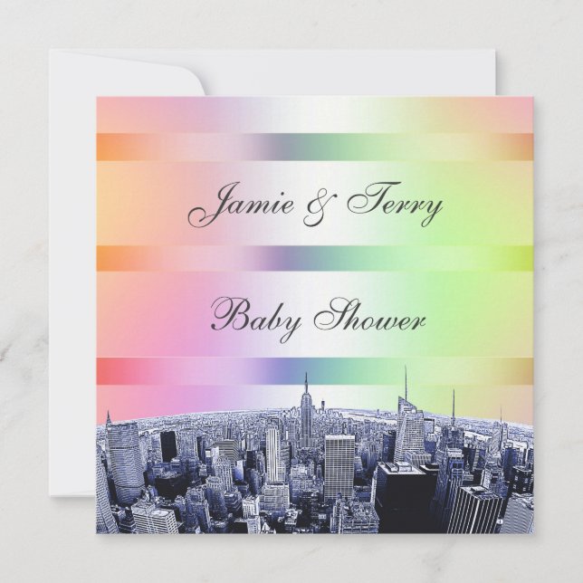 Invitación Ducha de bebé NYC Etched Skyline Pastel Rainbow 1 (Anverso)