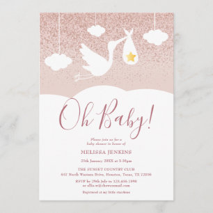 Invitación Ducha de bebé Oh Baby Stork Rosa Dorado Brillante