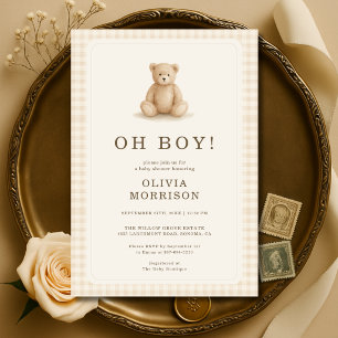 Invitación Ducha de bebé Oh Boy Neutral con osito de cuadros