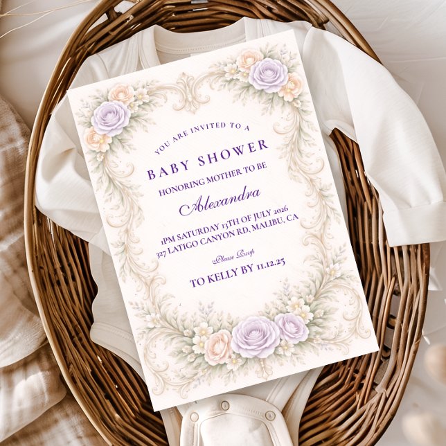 Invitación Ducha de Bebé Ornada con Rosa Lavanda (Subido por el creador)