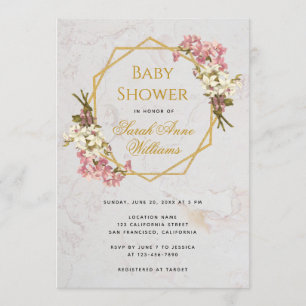Invitación Ducha de Bebé Orquídeas Rosadas Doradas Floral Geo