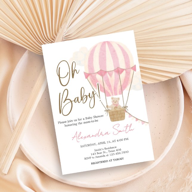 Invitación Ducha de Bebé Oso Boho Rosa (Oh Baby Bear Baby Shower Invitation)