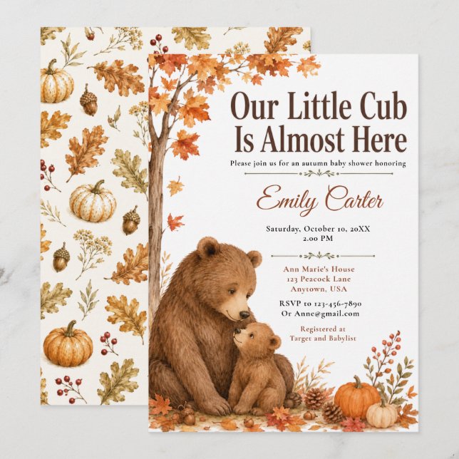 Invitación Ducha de Bebé Oso de Otoño (Anverso / Reverso)