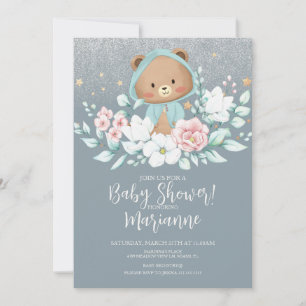 Invitación Ducha de Bebé Oso Floral Brillo Azul Polvo