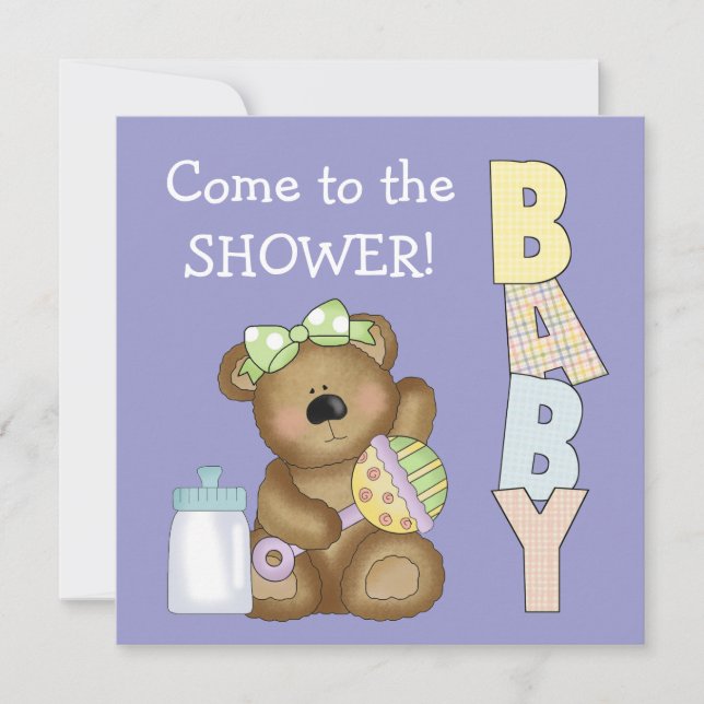 Invitación Ducha de bebé + Oso lindo con sonajero de bebé + B (Anverso)