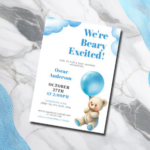 Invitación Ducha de bebé Oso Sentado Globo Azul Acuarela