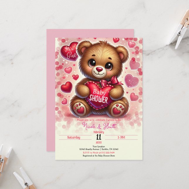 Invitación Ducha de Bebé Oso Teddy Día de San Valentín de Red (Anverso/Reverso In Situ)