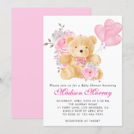 Invitación Ducha de Bebé Oso Teddy Floral Rosa Rubor Femenina