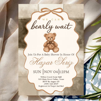 Invitación Ducha de Bebé Oso Teddy Neutral Barely Wait