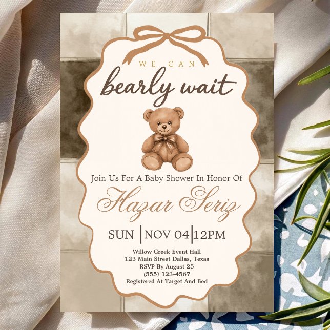 Invitación Ducha de Bebé Oso Teddy Neutral Barely Wait (Subido por el creador)