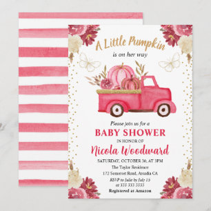Invitación Ducha de bebé otoñal con camión de calabaza floral