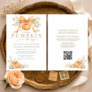 Invitación Ducha de bebé otoñal de calabaza con lazo naranja