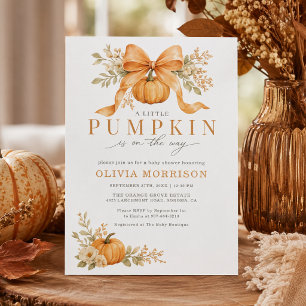 Invitación Ducha de bebé otoñal de calabaza con lazo naranja