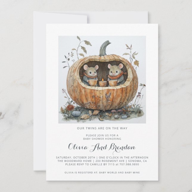 Invitación Ducha de Bebé Otoñal de Gemelos en Bosque Encantad (Anverso)