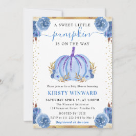 Invitación Ducha de bebé Otoño Calabaza Floral Azul y Dorado