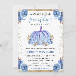 Invitación Ducha de bebé Otoño Calabaza Floral Azul y Dorado