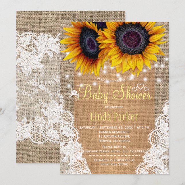Invitación Ducha de bebé otoño de girasoles arpillera y encaj (Anverso / Reverso)