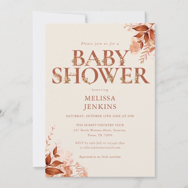 Invitación Ducha de Bebé Otoño Floral Rústica (Anverso)
